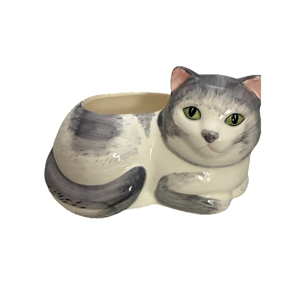 Ceramic Gray & White‎ Cat Planter | Figural Cat Lover Decor | 7"
